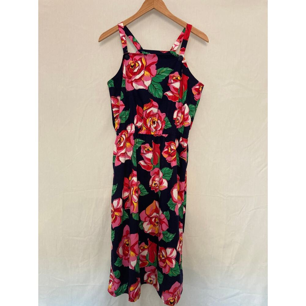 Navy Blue Pink Rose Floral Cotton Apron Midi Dress Retro Pinup Small